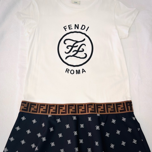 FENDI Kids Girls Dress FF Logo Roma White Navy Size 12+ Italy Authentic